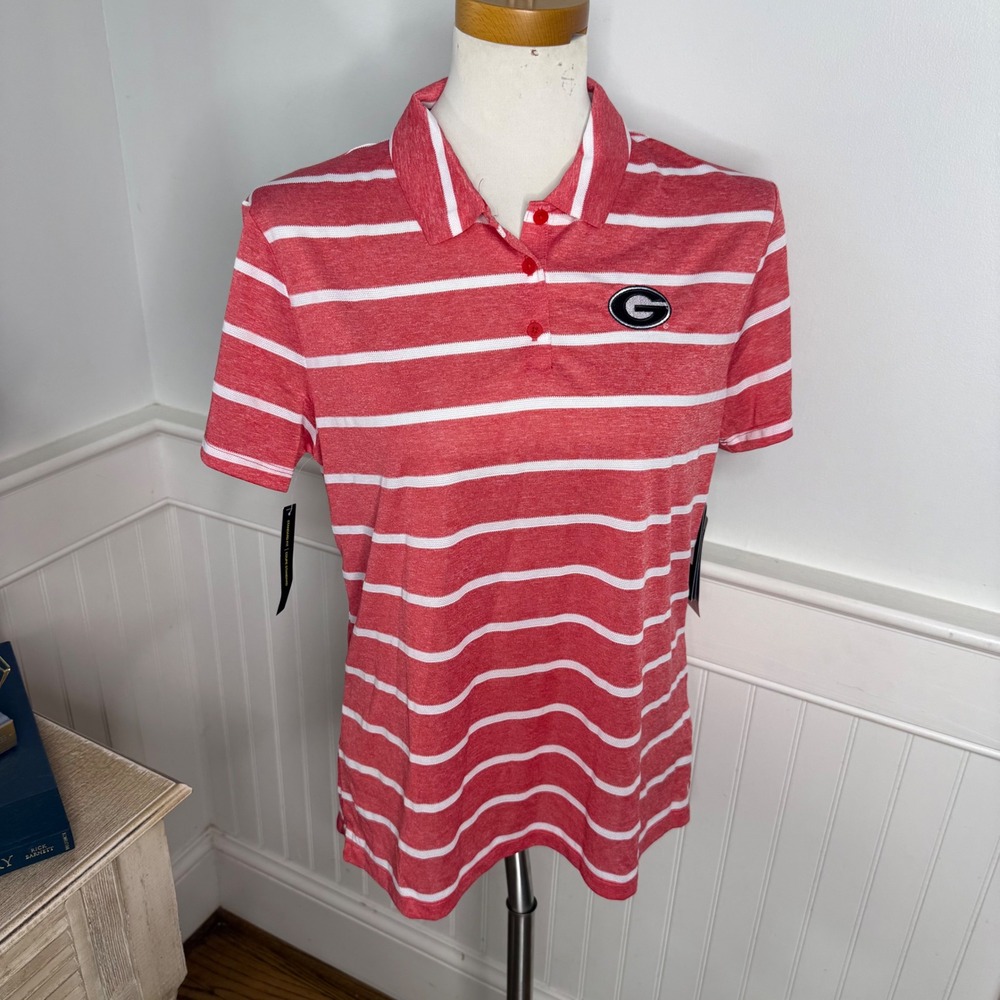Nike Georgia Bulldogs Dri-FIT Striped Polo Shirt Red White Women's Large NWT